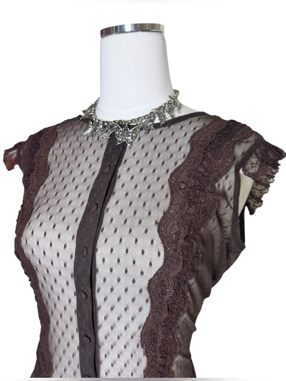 Y2K Express Brown Sheer Lace Polka Dot Trim Button Front Top Size Large